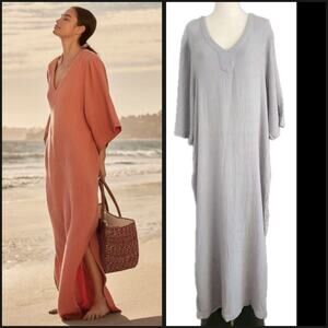 Barefoot Dreams Dress Medium Malibu Coll Crinkled Cotton Caftan Blue V-Neck
